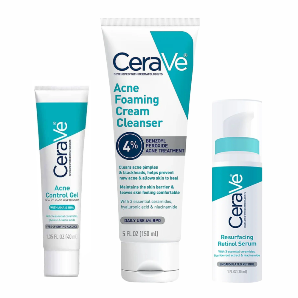 Acne Treatment Bundle - Contains CeraVe Resurfacing Serum , CeraVe Acne Foaming Cream, CeraVe Acne Control Gel